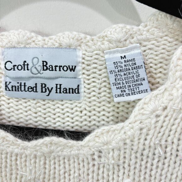 VTG 90s Croft Barrow Hand Knit Chunky Sweater sz M Ivory Ramie Angora Beaded Y2K - Picture 6 of 16